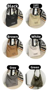 Color overview of large canvas crossbody bags in black, khaki, brown, white, grey and green
