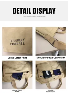 Detail view of canvas tote featuring internal zipper pocket and adjustable strap