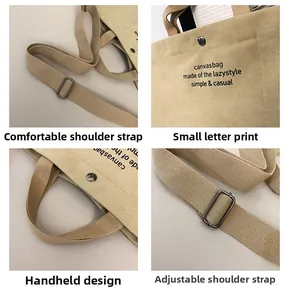 Close-up of canvas tote bag showing magnetic snap button and adjustable shoulder strap