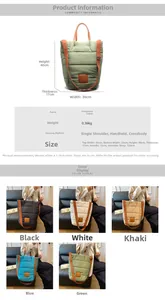 Detailed size chart showing dimensions and weight for the large quilted bucket tote bag