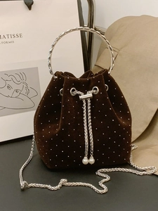 Luxury Velvet Bucket Bag With Rhinestone Artificial Pearl Drawstring Elegant Women Shoulder Crossbody Handbag Metal Chain Handle Bag