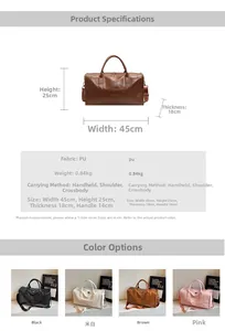 Tabla de tallas de bolso de viaje grande en PU 45x25x18cm y opciones de colores