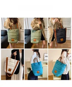Quilted tote bag detail showing green black white and blue models in lifestyle scenes