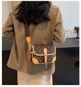 Detailansicht der braunen Vintage-Umhängetasche mit breitem Gurt und goldener Hardware
