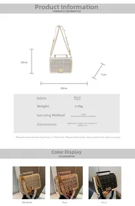 Detailed dimension chart for tweed crossbody bag with pearl trim and gold chain strap