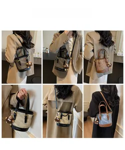 Collage of chic bucket bags in various textures with bear charms and shoulder straps
