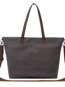 Large dark grey canvas tote bag with brown leather handles and wide shoulder strap