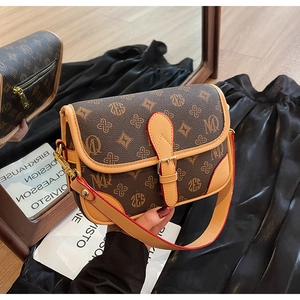 Detail der Vintage-Satteltasche mit braunem Monogramm-Leder und roter Kantenlackierung