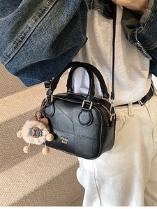 Women's Vintage PU Leather Boston Bag Retro Geometric Stitching Crossbody Handbag With Cute Plush Pendant Fashion Satchel