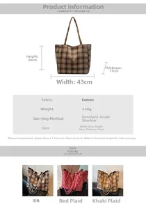Detailed size specifications for a large capacity checkered canvas tote bag showing dimensions