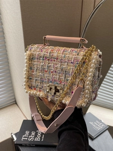 Women Elegant Tweed Artificial Pearl Crossbody Bag Fashion Chain Shoulder Small Square Bag Vintage Handle Messenger Bag