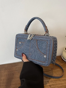 Damen Nischen Design Umhängetasche PU Leder Denim Box Handtasche Mit Nieten Reißverschluss Mode Kleine Quadratische Tasche