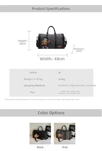 Detailed size chart of large travel bag with 48cm width and 0.91kg weight information