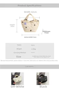 Detailed size chart for quilted nylon tote bag with measurements and specifications