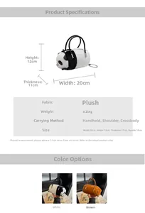 Detail view of panda plush bag dimensions and plush texture with metal chain straps