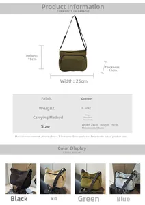 Dimensions détaillées du sac bandoulière en toile avec quatre options de couleurs