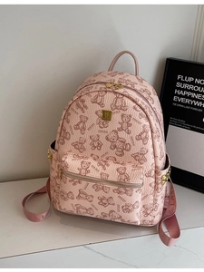 Rosa Kunstleder Rucksack mit Teddybär-Prints und goldenen Nieten für die Reise