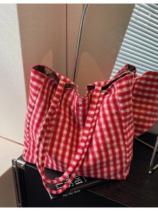 Large red and white checkered plush tote bag for women featuring soft faux fur material