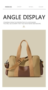 Detail of khaki canvas travel bag with brown leather accents and adjustable shoulder strap