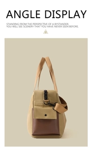 Side view of khaki canvas travel bag featuring brown leather trim and a snap pocket