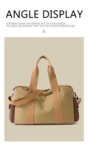 Detailed angle display of khaki canvas travel bag with durable brown synthetic leather base