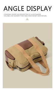 Close-up of retro khaki canvas bag with brown leather details and side pocket