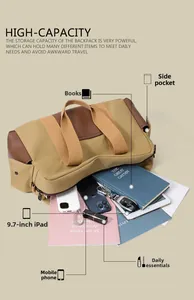 Dettaglio borsa da viaggio in tela kaki con grande capacità per iPad e accessori