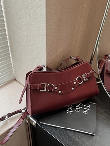 Retro burgundy underarm baguette bag with silver hardware and vintage buckles
