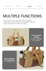 Dettaglio borsa da viaggio in tela kaki con tasche laterali magnetiche e finiture in pelle