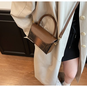 Detail of vintage crocodile pattern handbag featuring gold buckle and brown leather strap