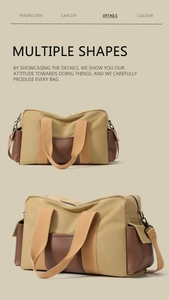Close-up of khaki canvas travel bag featuring brown PU leather trim and metal hardware