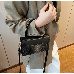 Detail of black mini bag featuring snake texture and smooth leather in professional style