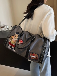 Grey nylon travel bag with college style bear embroidery and adjustable shoulder strap