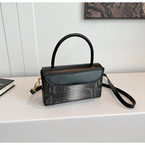 Close-up of snake pattern texture and gold hardware on black vintage crossbody handbag