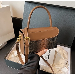 Detailed view of vintage brown crocodile texture handbag with gold buckle in gift box