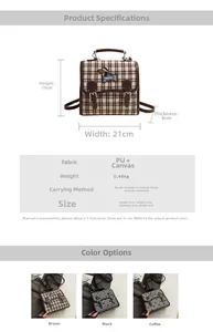 Size chart showing mini check backpack dimensions 19x21x9cm and PU canvas material