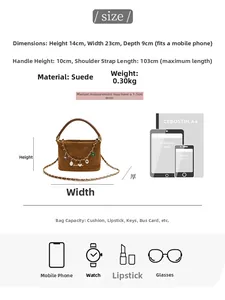 Size chart showing 23x14x9cm dimensions, suede material, and capacity of the bucket bag