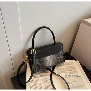 Detail of black and snakeskin texture bag with gold hardware on magazines