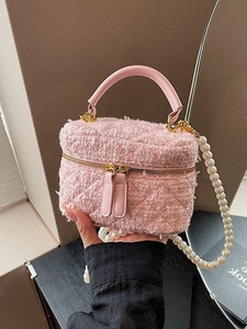 Sac Bandoulière Seau en Tweed Élégant avec Sangle en Künstliche Perles d'Imitation Matériel Doré Double Fermeture Éclair Trousse à Maquillage