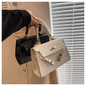 Detailed view of crocodile pattern mini handbag with metallic clasp and leather strap