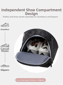 Détail du sac de voyage avec compartiment à chaussures séparé et fermeture éclair