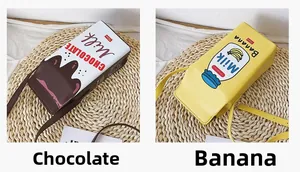 Détail de sacs bandoulière créatifs en forme de brique de lait, styles chocolat et banane