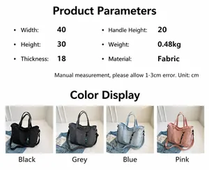 Detailed size specifications for waterproof nylon travel tote bag with four color options
