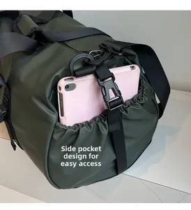 Detail of oxford travel bag side pocket showing easy storage for a pink tablet device