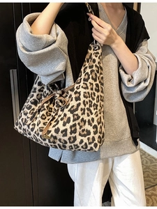 Damen Retro Leopardenmuster Wollstoff Shopper Große Kapazität Webpelz Optik Schultertasche Mit Schleife Dekor Casual Mode Handtasche