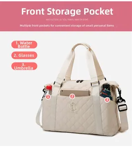 Detail of quilted travel bag with three front pockets for water bottle and umbrella