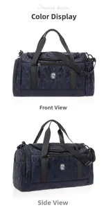 Vue détaillée du sac de voyage en oxford camouflage marine à grande capacité avec logo