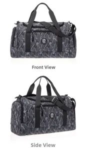 Détails du grand sac de voyage camouflage en tissu Oxford avec vues de face et de côté