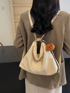 Retro large capacity off-white backpack for women with teddy charm and silk scarf
