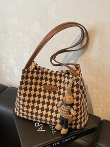 Brown checkered knit hobo shoulder bag with leather straps and cute rabbit charm